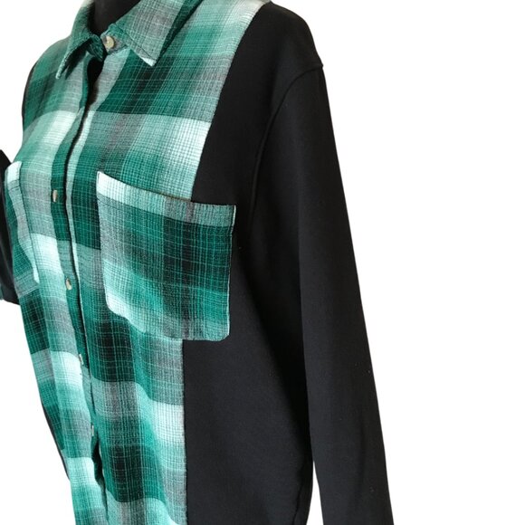Upcycled Flannel Shirt, Size M: Green Plaid Sweatshirt, Button-Down Sweater - Picture 5 of 11